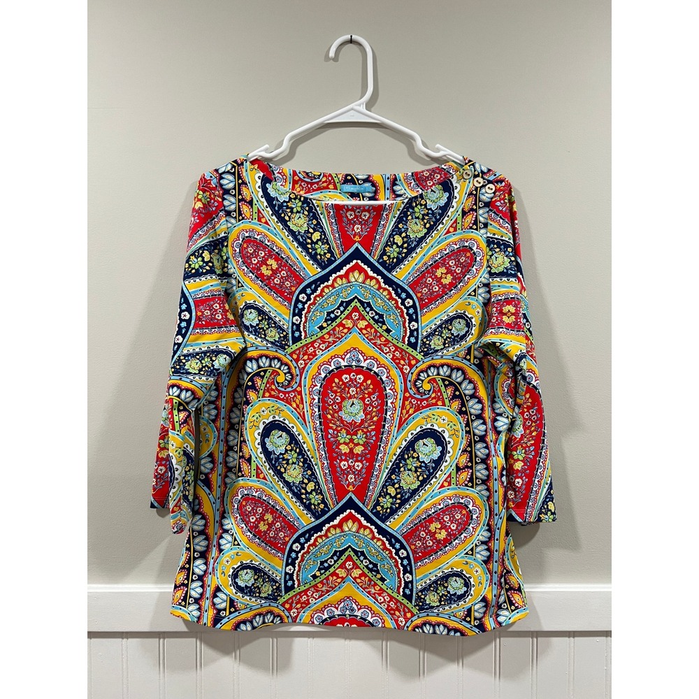 J. McLaughlin 3/4 Sleeve Top Paisley Boatneck Bright Casual Women Size Large